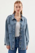 0694 Çift Cepli Oversize Denim Ceket - Buz Mavi resmi